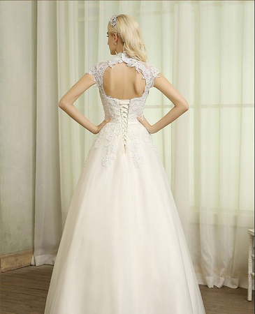 High Neck Lace Top Floor Length Backless Ball Wedding Dress
