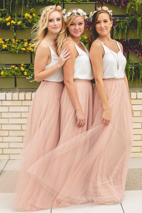 Two-Piece Simple V-Neck Sleeveless Tulle Ruched A-Line Long Bridesmaid Dress