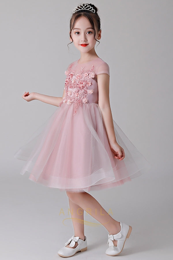 Short Tulle A-Line Flower Girl Dress with Floral Bodice
