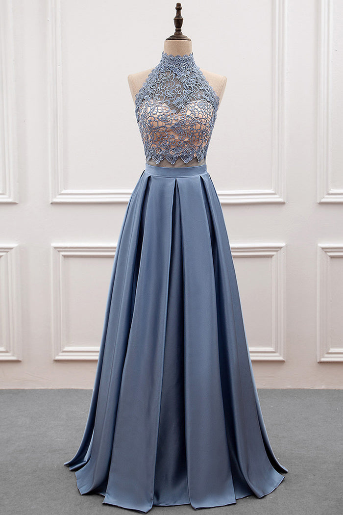 A-line/Princess Lace & Satin Halter Cut-out Back Prom Dress Angrila A-line/Princess Lace & Satin Halter Cut-out Back Prom Dress Angrila
