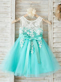 Ivory-Aquamarine Tea-Length Lace and Tulle Flower Girl Dress with Illusion Back