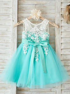 Ivory-Aquamarine Tea-Length Lace and Tulle Flower Girl Dress with Illusion Back