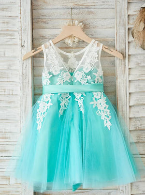 Ivory-Aquamarine Tea-Length Lace and Tulle Flower Girl Dress with Illusion Back