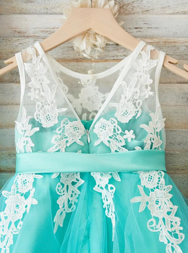 Ivory-Aquamarine Tea-Length Lace and Tulle Flower Girl Dress with Illusion Back