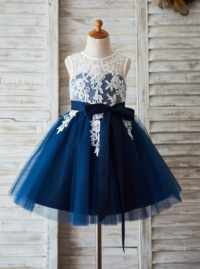 Tea-Length Lace and Tulle Flower Girl Dress with Illusion Back