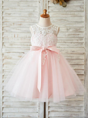 Ivory-Blushing Pink Tea-Length Lace and Tulle Flower Girl Dress with Illusion Back