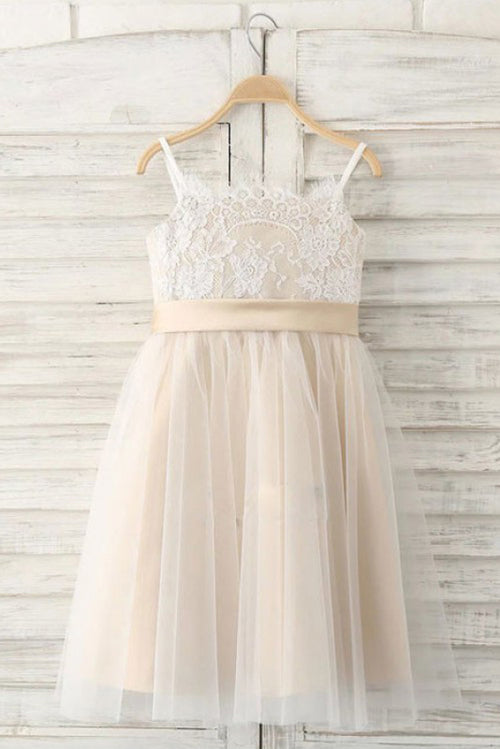 Ivory-Champagne Tea-Length Lace and Tulle Flower Girl Dress with Ribbon Bow