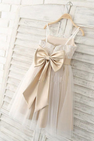 Ivory-Champagne Tea-Length Lace and Tulle Flower Girl Dress with Ribbon Bow