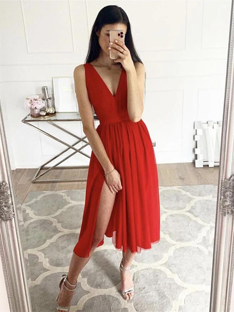 A-Line V-neck Knee Length Chiffon Homecoming Dress With Split Front Angrila A-Line V-neck Knee Length Chiffon Homecoming Dress With Split Front Angrila