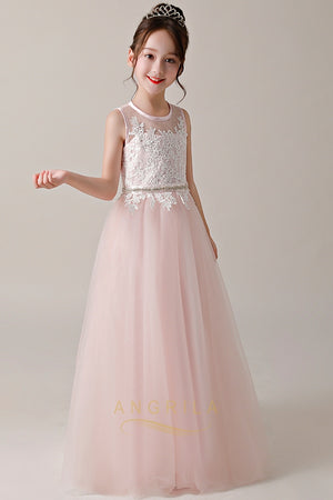 A-line/Princess Jewel Neckline Flower Girl Dresses with Lace Appliques