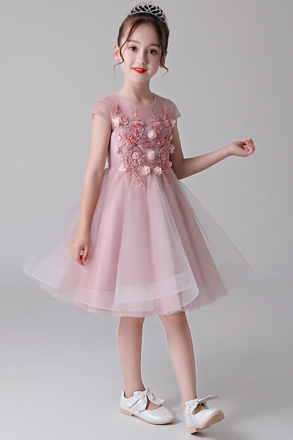 Short Tulle A-Line Flower Girl Dress with Floral Bodice