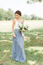 Two-Piece Simple V-Neck Sleeveless Tulle Ruched A-Line Long Bridesmaid Dress