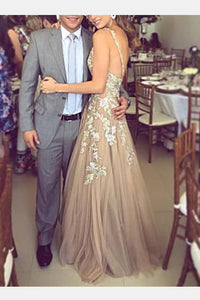 A-Line Deep V-Neck Tulle Prom Dress with Appliques
