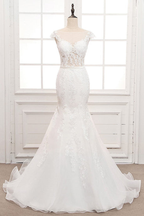 Tulle & Organza Bateau Mermaid Wedding Dresses with Lace Appliques & Belt