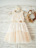 Ivory-Pearl Pink Tea-Length Lace and Tulle Flower Girl Dress with Waist Rosette