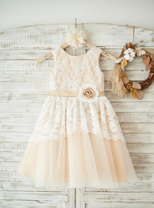 Ivory-Pearl Pink Tea-Length Lace and Tulle Flower Girl Dress with Waist Rosette