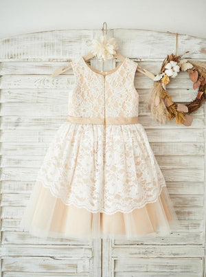 Ivory-Pearl Pink Tea-Length Lace and Tulle Flower Girl Dress with Waist Rosette