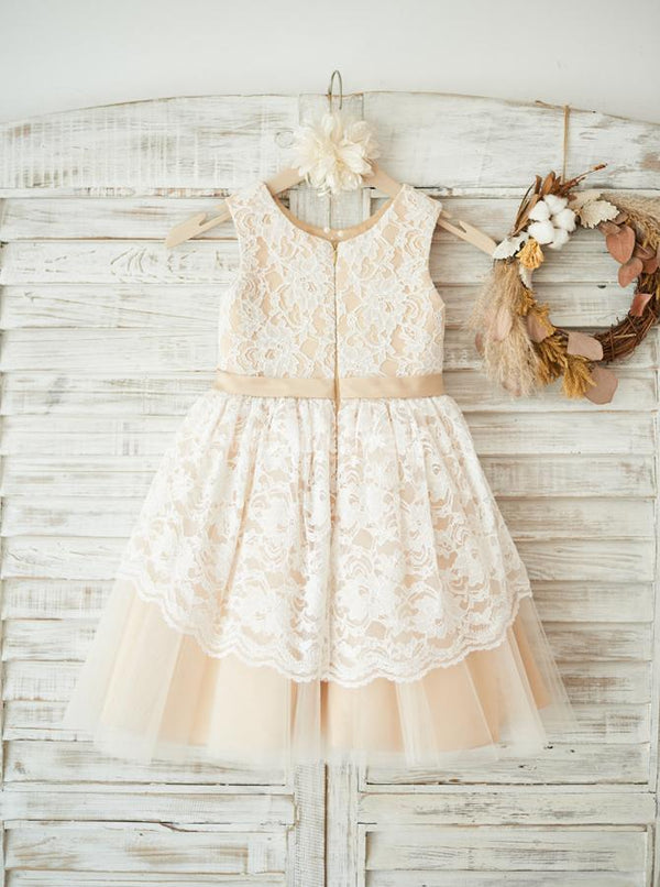 Ivory-Pearl Pink Tea-Length Lace and Tulle Flower Girl Dress with Waist Rosette