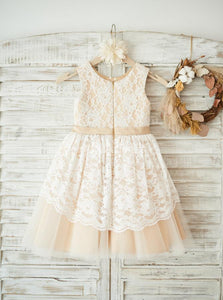 A-line Scoop Neckline Sleeveless Tulle Skirt Satin Belt Flower Girl Dress With Flower