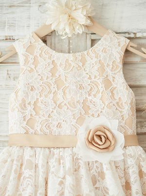 Ivory-Pearl Pink Tea-Length Lace and Tulle Flower Girl Dress with Waist Rosette