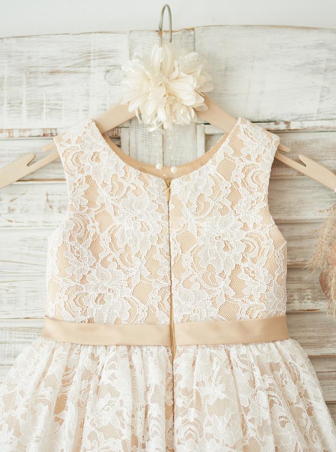 Tea-Length Lace and Tulle Flower Girl Dress with Waist Rosette