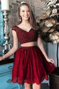 Two Piece Beading Bodice Homecoming Dresses with Lace Skirt