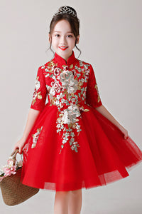 Red Embroidery Knee-Length Flower Girl Dress
