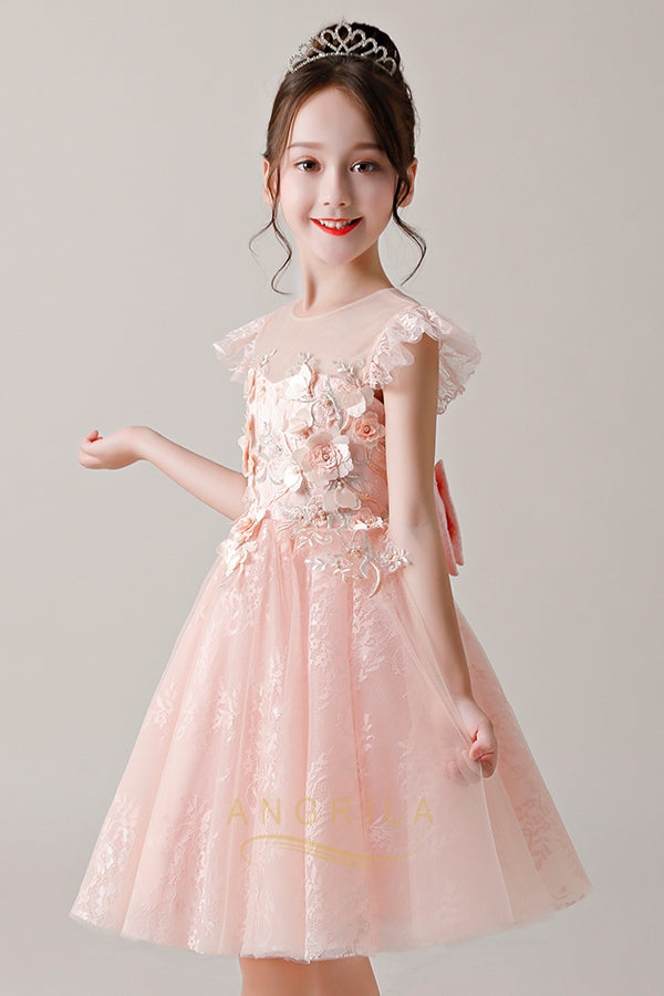 Short 3D Floral Tulle A-Line Flower Girl Dress with Cap Sleeves