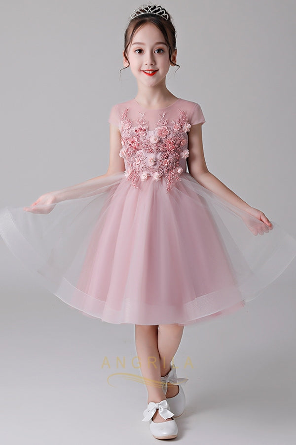 Short Tulle A-Line Flower Girl Dress with Floral Bodice