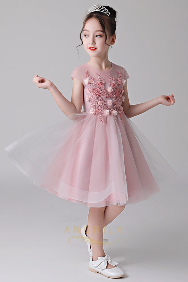 Short Tulle A-Line Flower Girl Dress with Floral Bodice