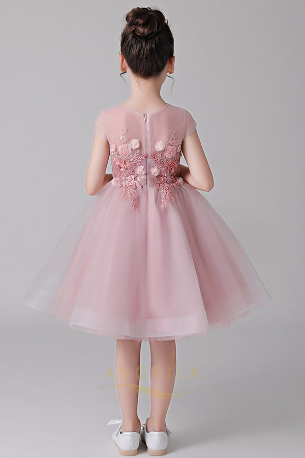 Short Tulle A-Line Flower Girl Dress with Floral Bodice