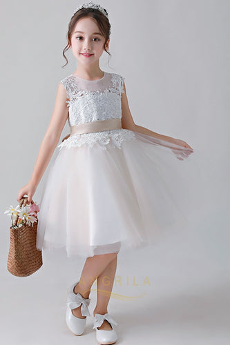 Cute Jewel Flower Girl Dresses with Lace Applique
