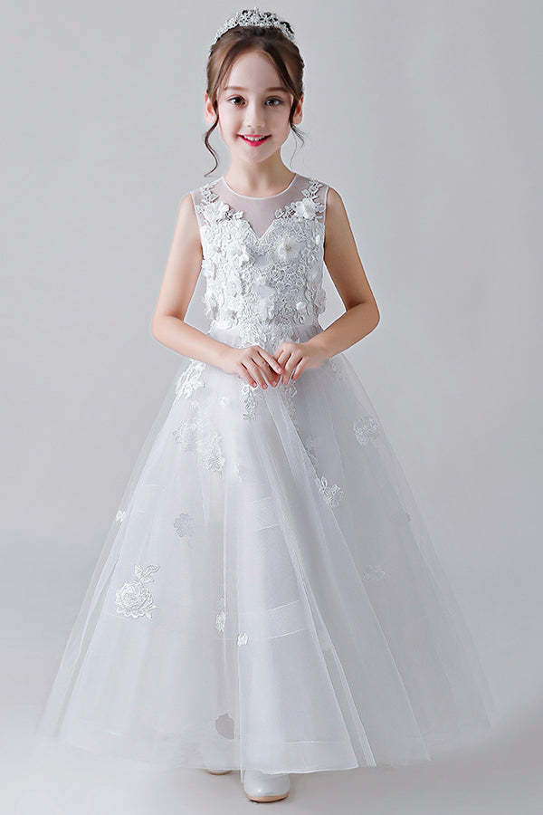 Illusion-Neck Lace-Applique Tulle Ball Gown Flower Girl Dress