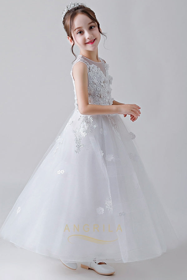 Illusion-Neck Lace-Applique Tulle Ball Gown Flower Girl Dress