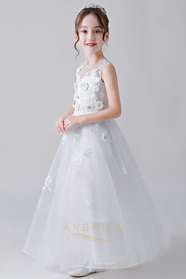 Illusion-Neck Lace-Applique Tulle Ball Gown Flower Girl Dress