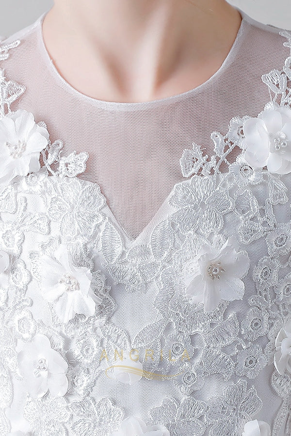 Illusion-Neck Lace-Applique Tulle Ball Gown Flower Girl Dress
