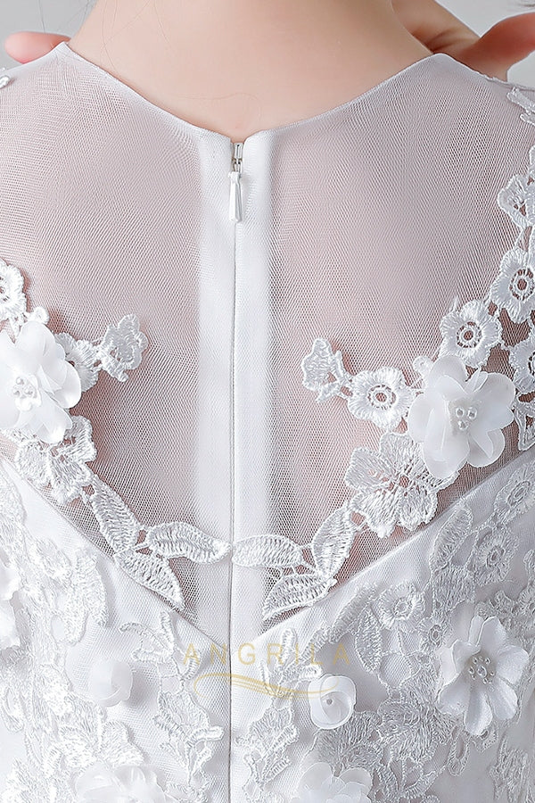Illusion-Neck Lace-Applique Tulle Ball Gown Flower Girl Dress