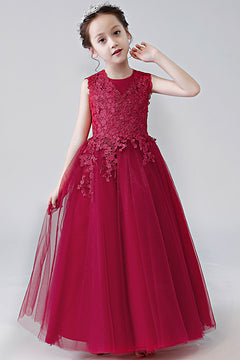 Burgundy Organza A-Line Flower Girl Dress with Lace Bodice