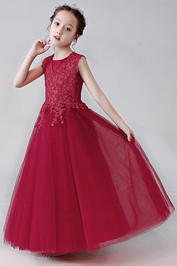 Burgundy Organza A-Line Flower Girl Dress with Lace Bodice