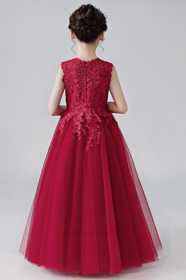 Burgundy Organza A-Line Flower Girl Dress with Lace Bodice