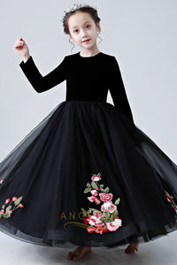Black Floor-Length Flower Girl Dresses with Long Sleeves