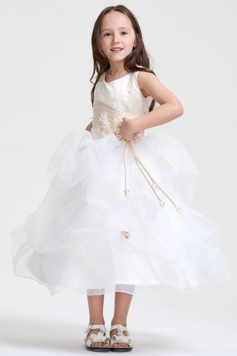 Tiered Organza Ball Gown Flower Girl Dress with Floral Waist