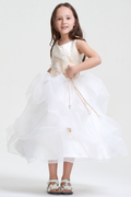 Ivory-Champagne Tiered Organza Ball Gown Flower Girl Dress with Floral Waist