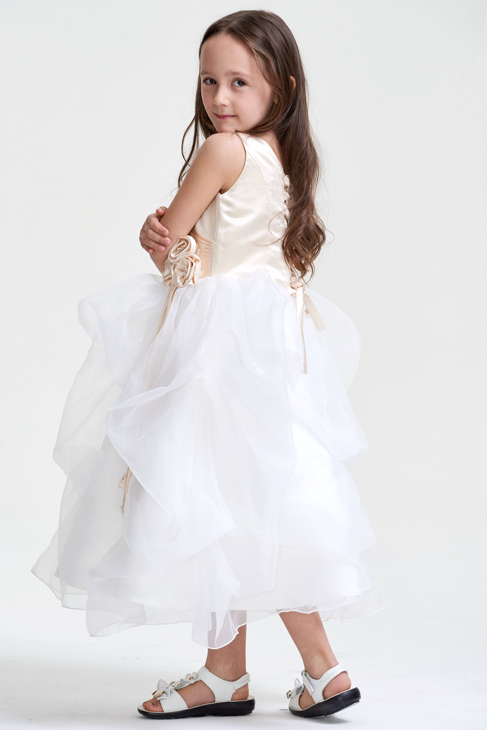 Tiered Organza Ball Gown Flower Girl Dress with Floral Waist