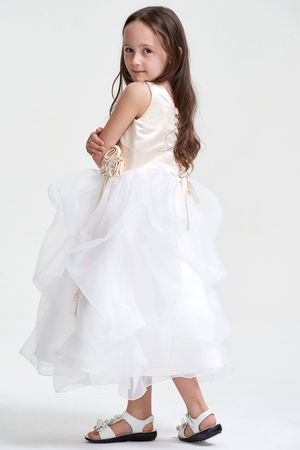 Ivory-Champagne Tiered Organza Ball Gown Flower Girl Dress with Floral Waist
