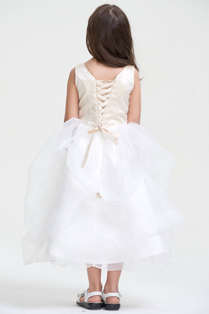 Ivory-Champagne Tiered Organza Ball Gown Flower Girl Dress with Floral Waist