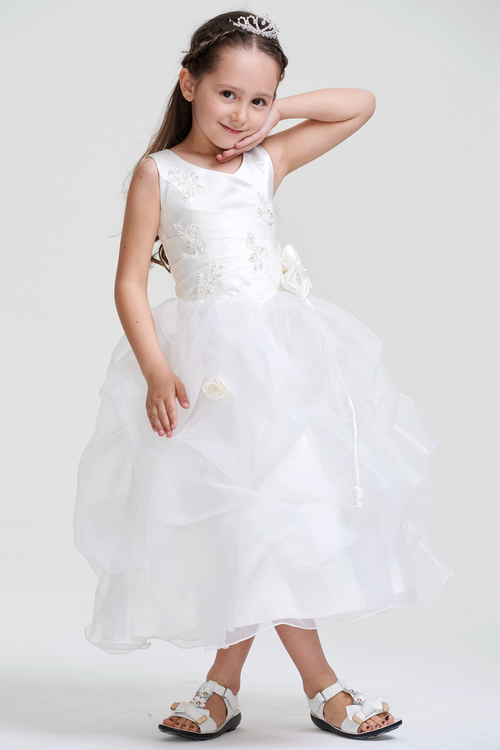 Ivory Tiered Organza Ball Gown Flower Girl Dress with Floral Waist