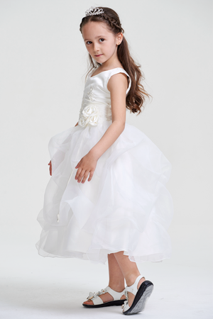 Ivory Tiered Organza Ball Gown Flower Girl Dress with Floral Waist
