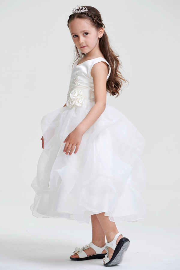 Ivory Tiered Organza Ball Gown Flower Girl Dress with Floral Waist