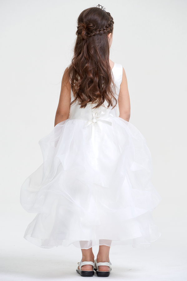 Ivory Tiered Organza Ball Gown Flower Girl Dress with Floral Waist